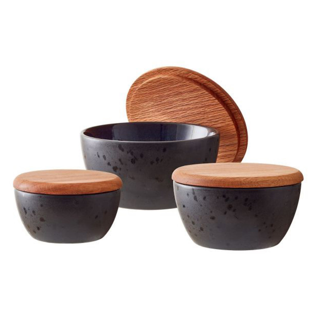 Stoneware Bowl With Lid Set 3 Pcs Black, Dark Blue